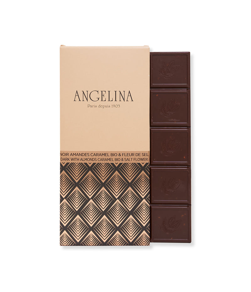 Organic dark chocolate bar with almonds, caramel and fleur de sel