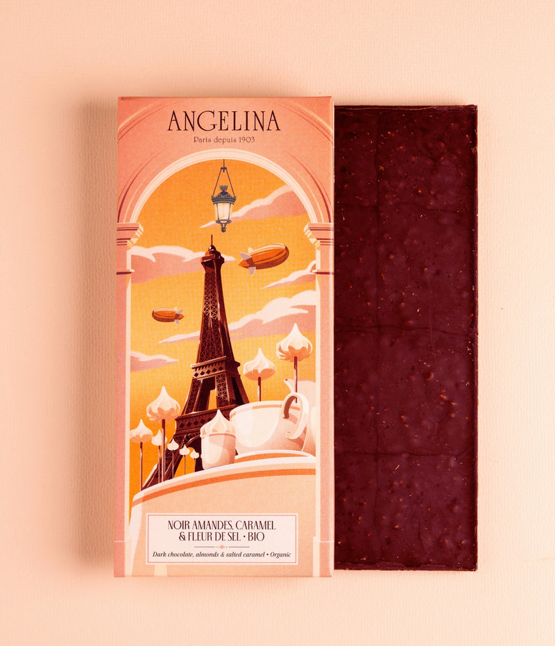 Dark chocolate bar with almonds, organic caramel and fleur de sel